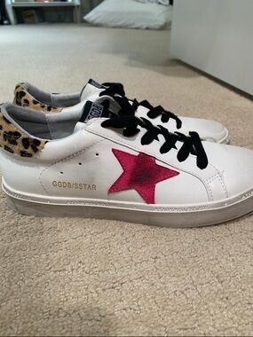 Golden Goose White Sneakers with Pink Star and Leopard Trim